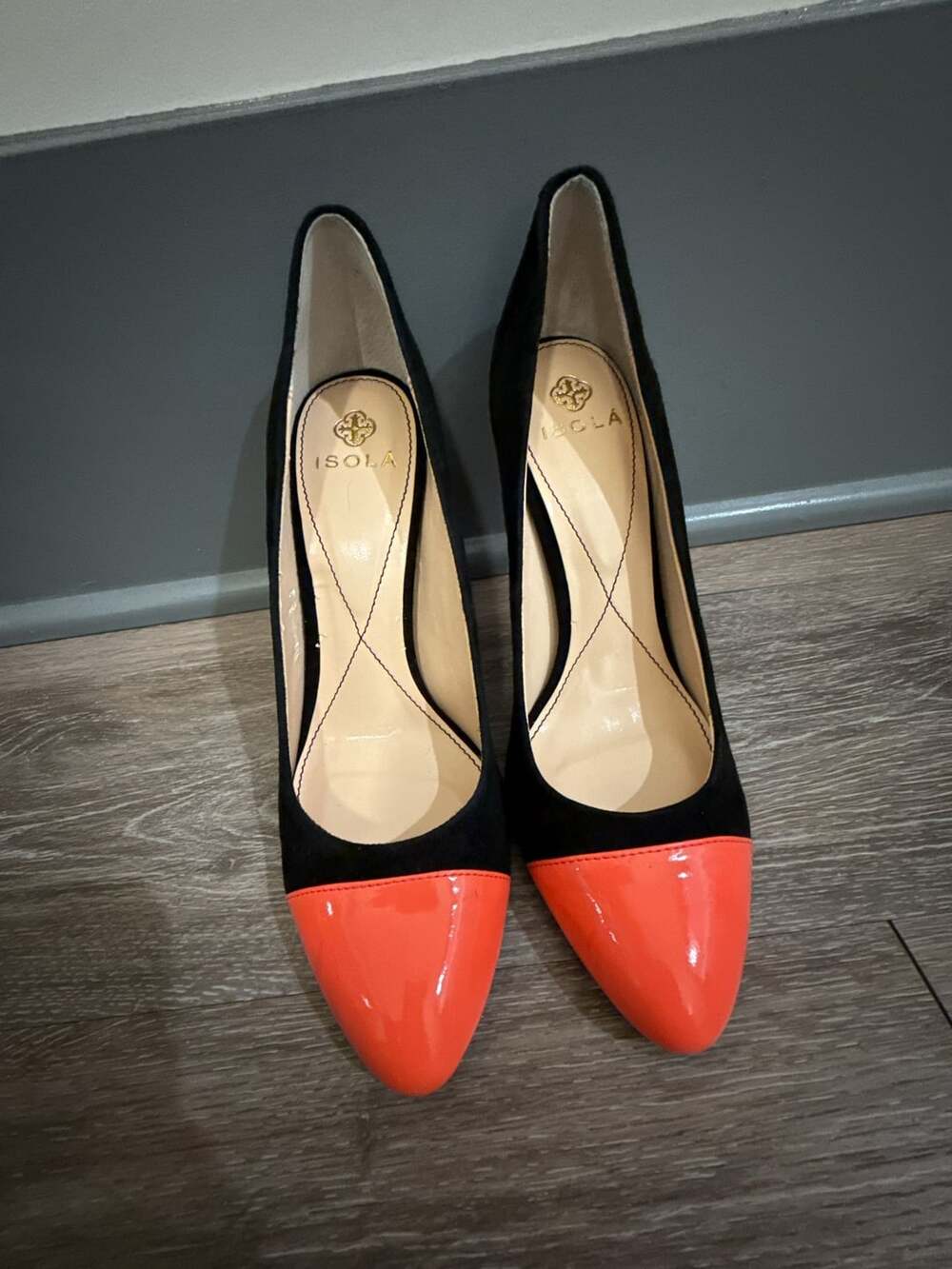 Isola Black Suede and Orange Patent Leather Pointed Toe Heels Size 8.5